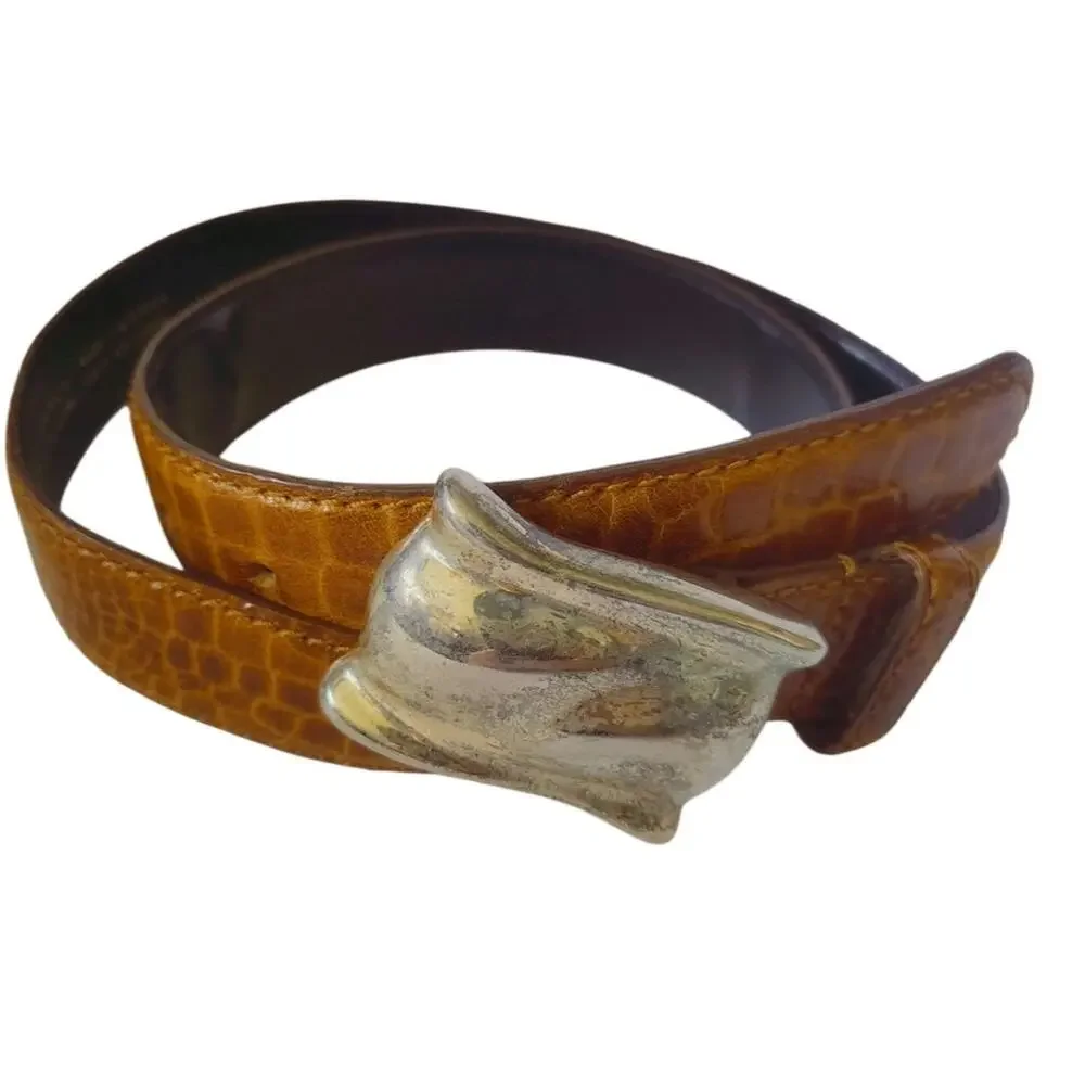 Vintage Liz Claiborne Brown Embossed Leather Belt Sculptural Silver Buckle 80 90